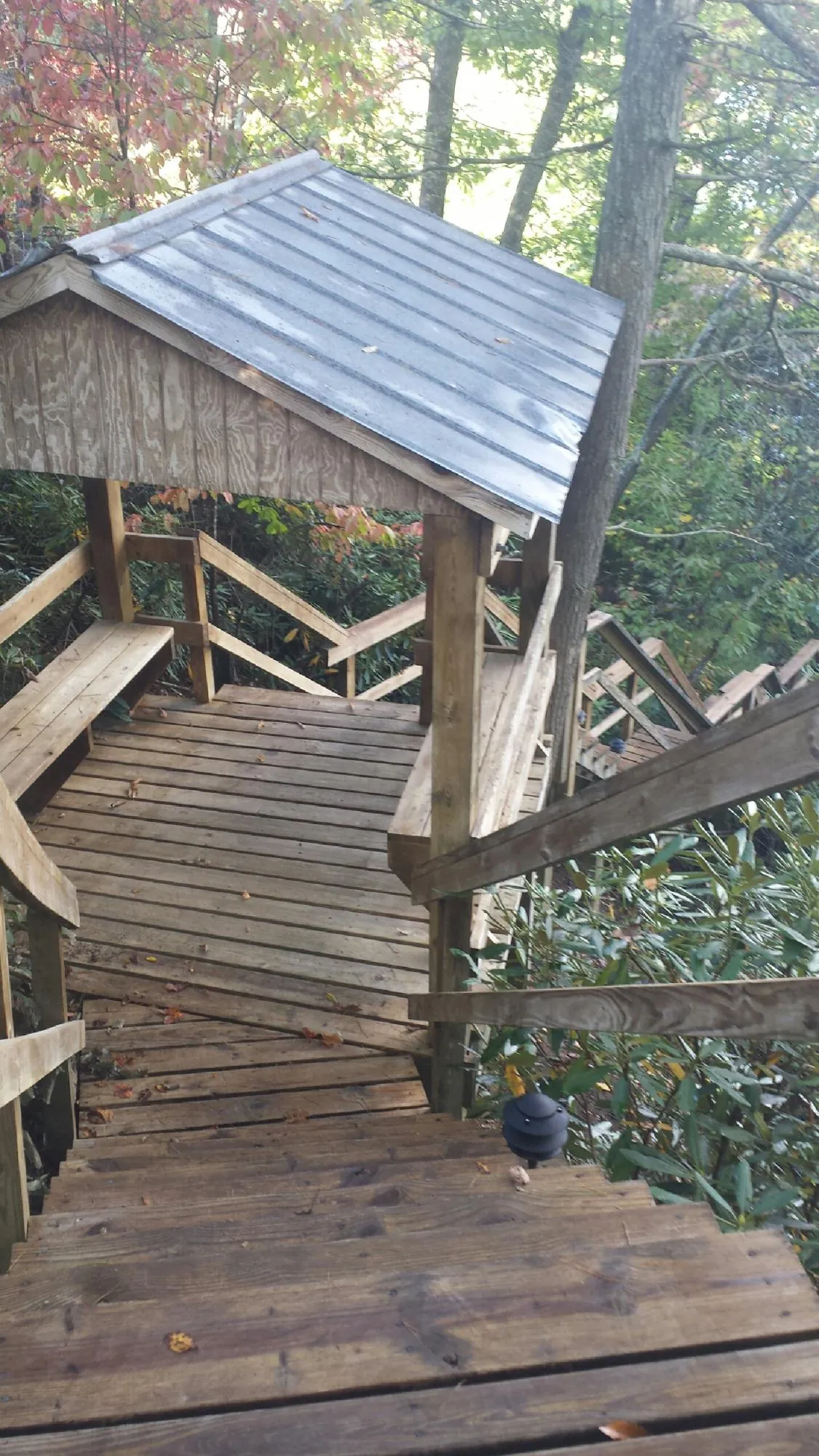 Metal roofed shelter over wooden steps on a wooded walkway — Skylight Repair & Installation work by our crew in Sanderson
